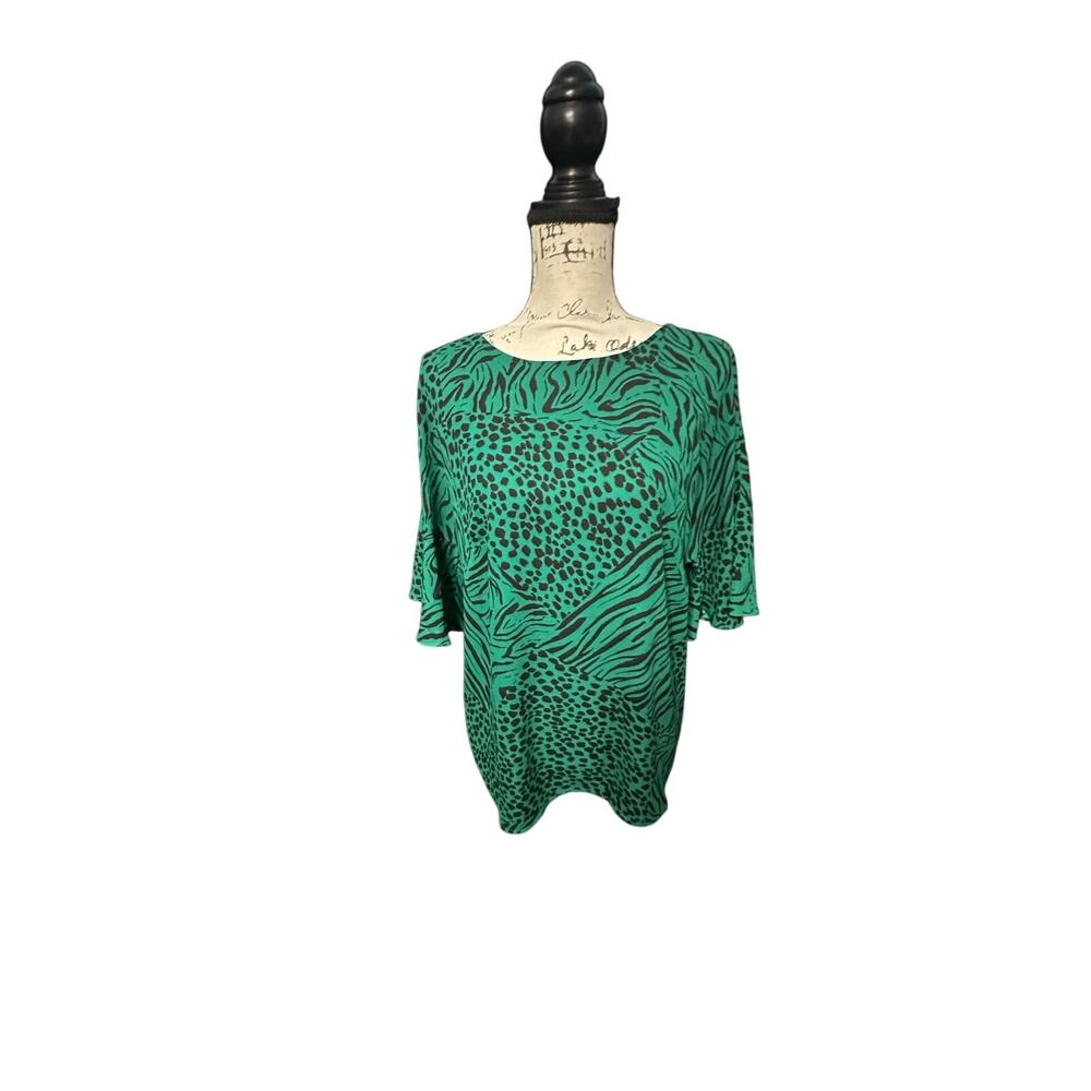 Cabi Green Animal Print Flutter Sleeve Blouse Women’s Size S (SKU 0256)